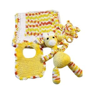 4 Pc set Crochted Yellow multi giraffe baby blanket 100% cotton gifts handmade